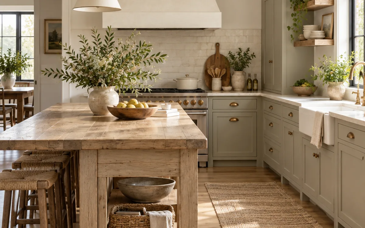 Warm farmhouse kitchen with painted cabinetry, timber worktable island and natural textures