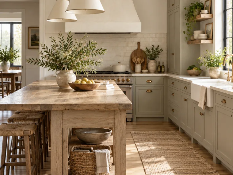 Warm farmhouse kitchen with painted cabinetry, timber worktable island and natural textures