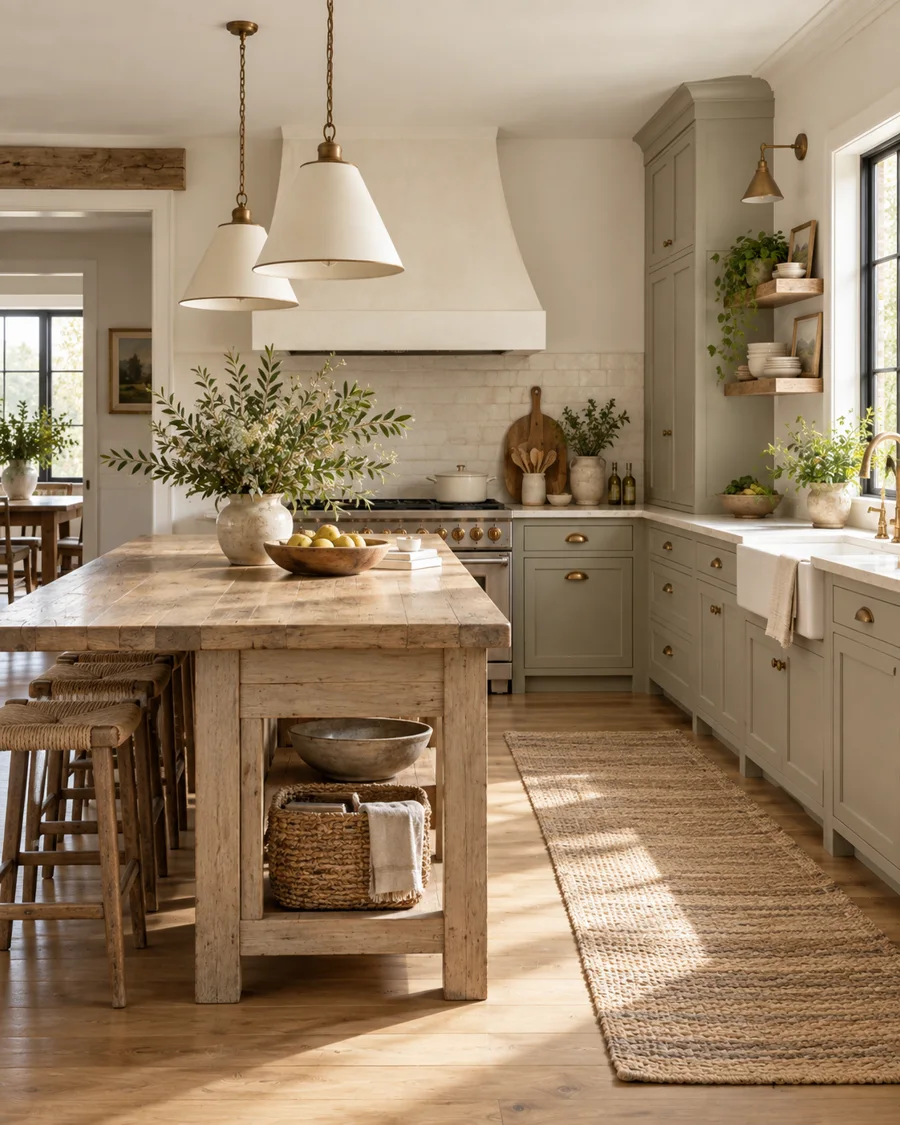 Warm farmhouse kitchen with painted cabinetry, timber worktable island and natural textures