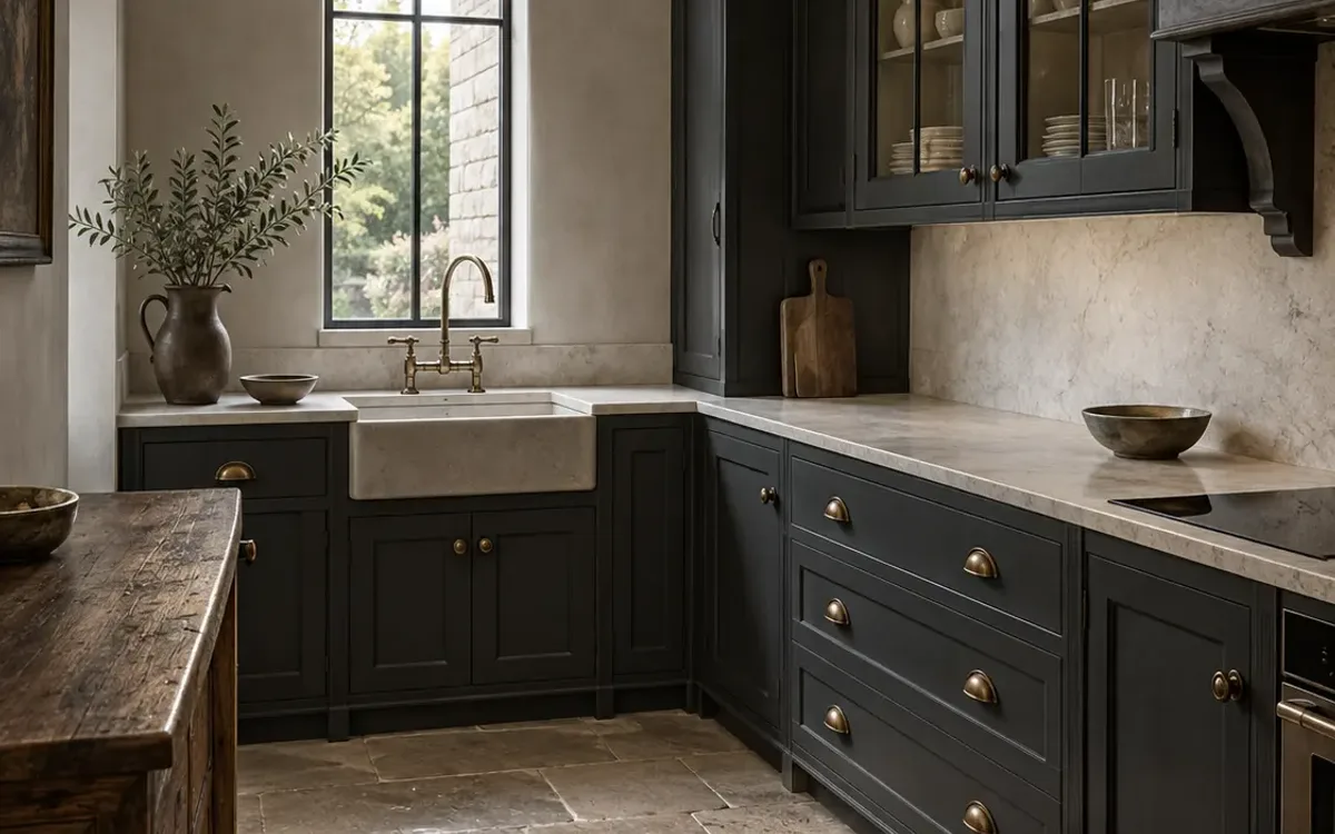 AI-generated Gothic-inspired kitchen concept with pointed-arch glazing and charcoal cabinets