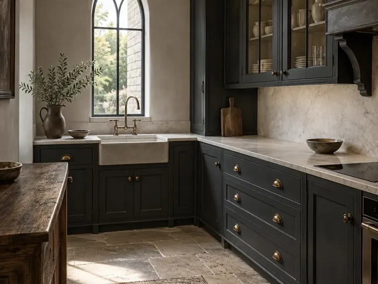 AI-generated Gothic-inspired kitchen concept with pointed-arch glazing and charcoal cabinets