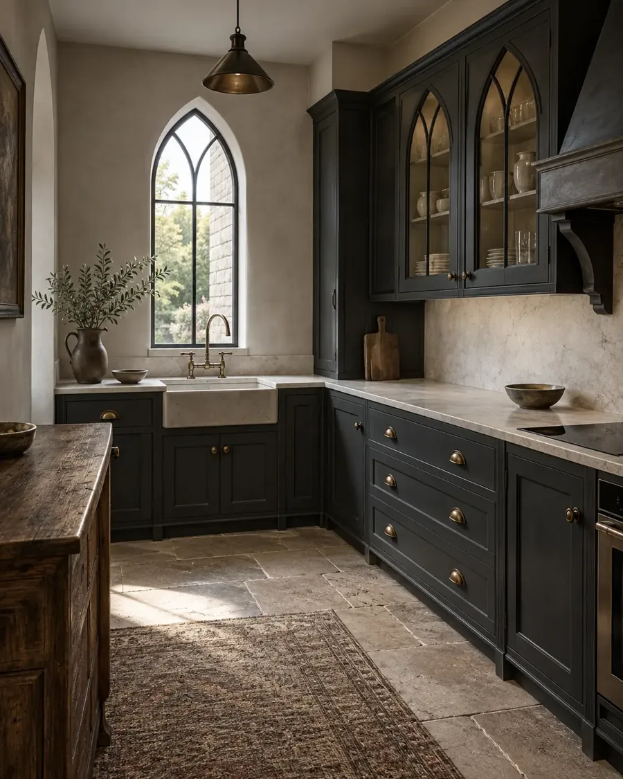 AI-generated Gothic-inspired kitchen concept with pointed-arch glazing and charcoal cabinets