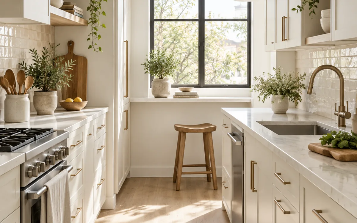 Compact galley kitchen with pale cabinetry, open shelving and natural light