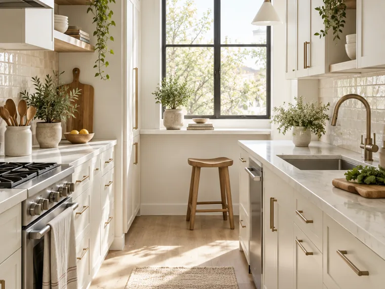 Compact galley kitchen with pale cabinetry, open shelving and natural light