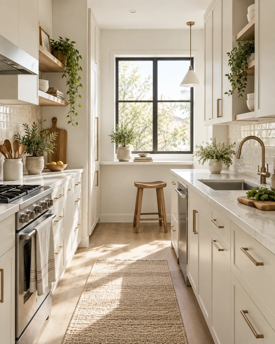 Compact galley kitchen with pale cabinetry, open shelving and natural light