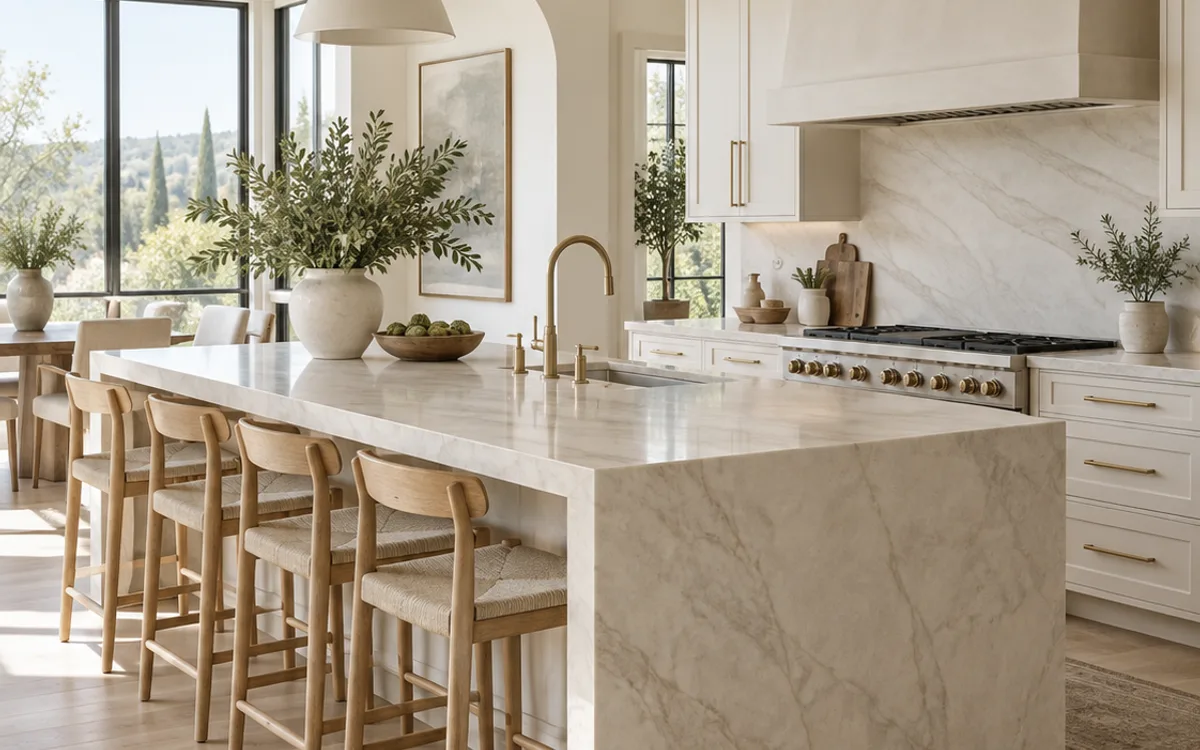 Warm white kitchen with pale stone island, light wood stools and natural daylight