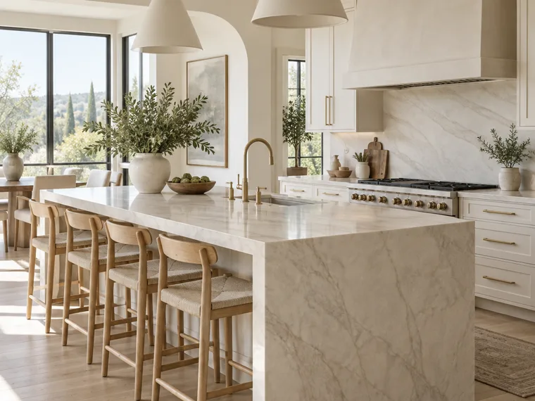 Warm white kitchen with pale stone island, light wood stools and natural daylight