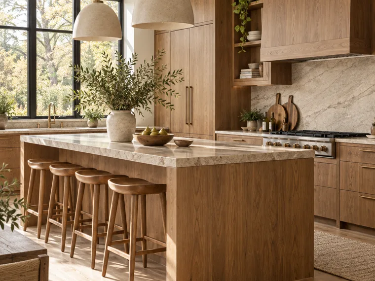 Wood kitchen with oak cabinetry, stone island and warm natural daylight