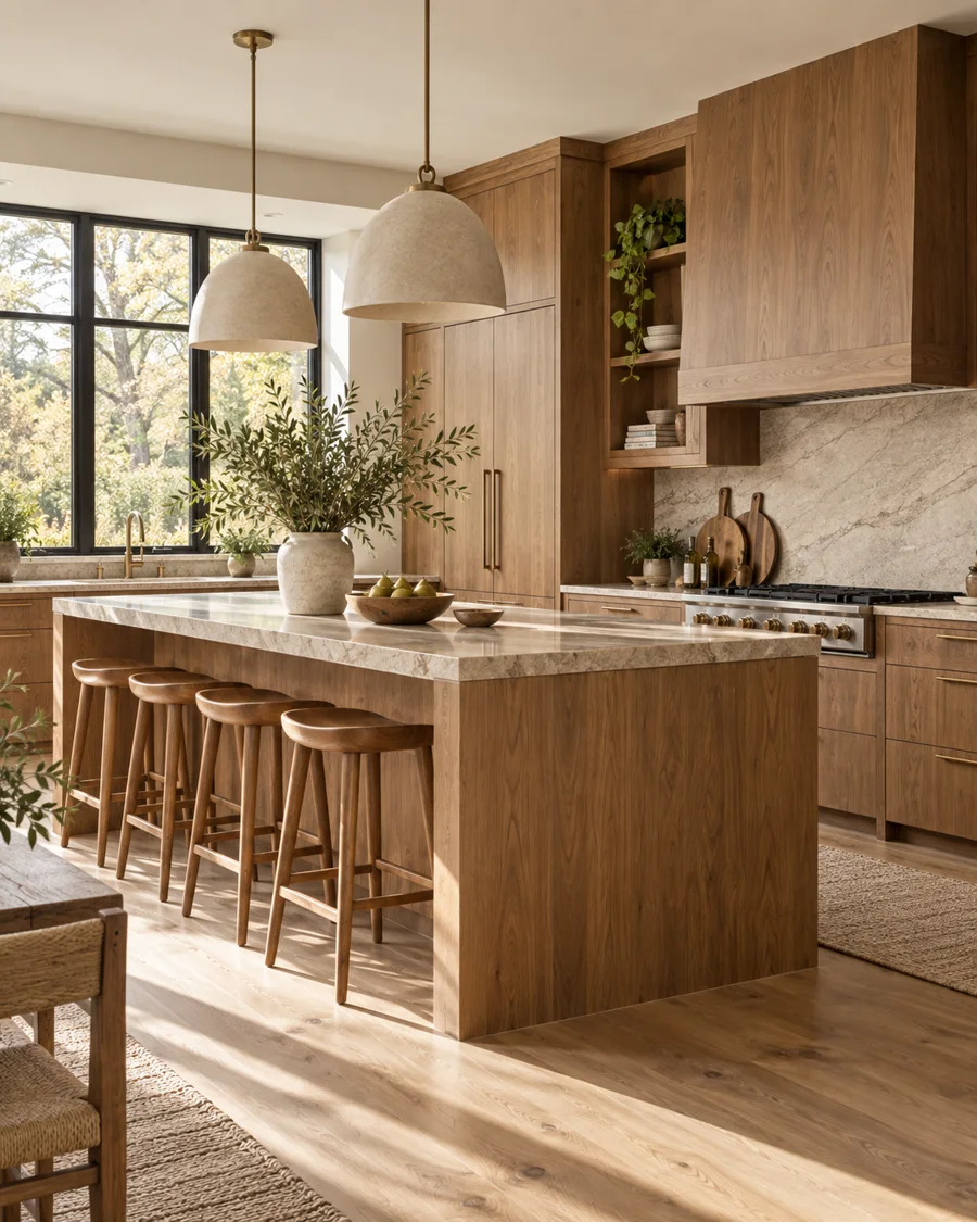 Wood kitchen with oak cabinetry, stone island and warm natural daylight